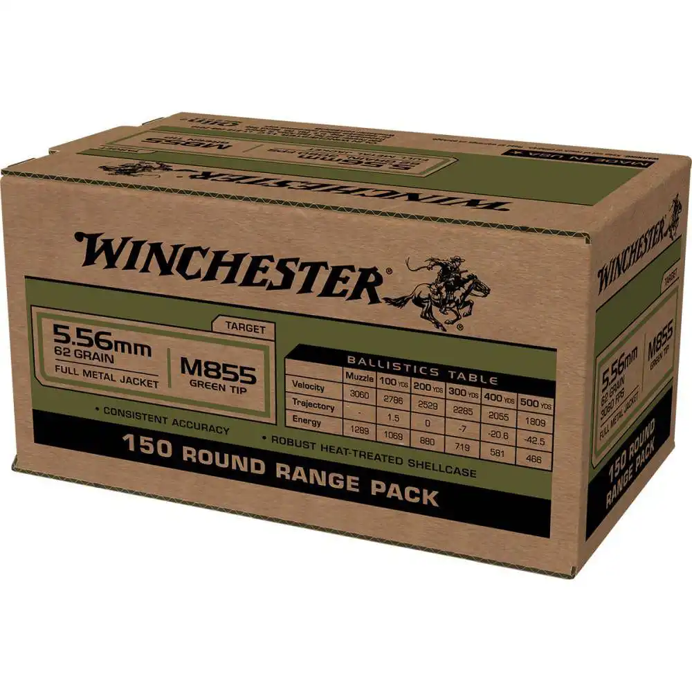Winchester USA Lake City M855 Green Tip Rifle Ammunition 5.56X45 NATO 62 gr. FMJ 1255 fps 150/ct