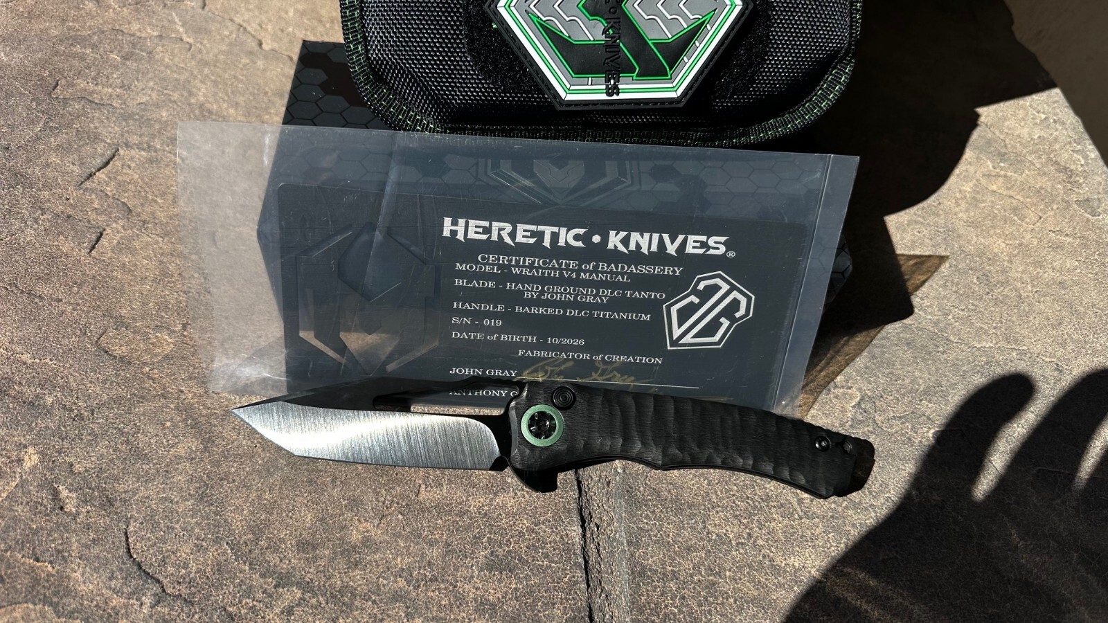 Heretic Wraith - John Gray hand grind, Barked Titanium, Magnacut DLC Blade,